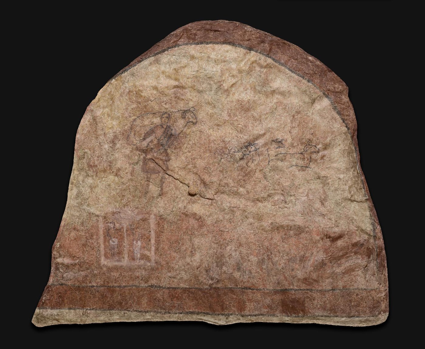 Third-century wall painting from the Dura-Europos house-church baptistery showing the Good Shepherd carrying a ram above his flock, with a small Adam and Eve below