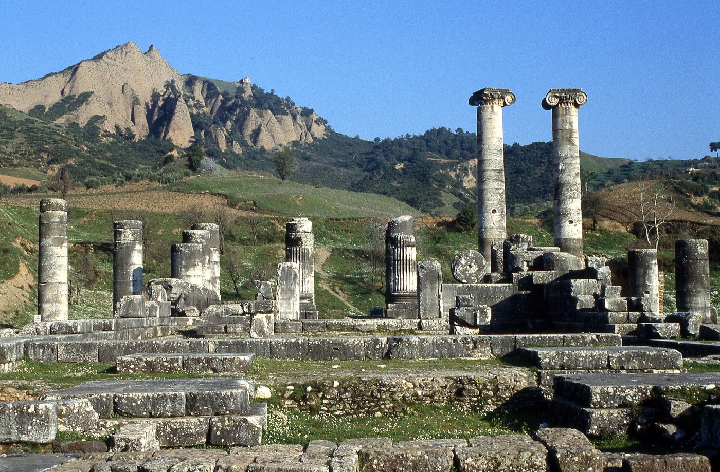 The Temple of Artemis at Sardis, one of the seven churches of Revelation, seen from the northwest with two standing Ionic columns