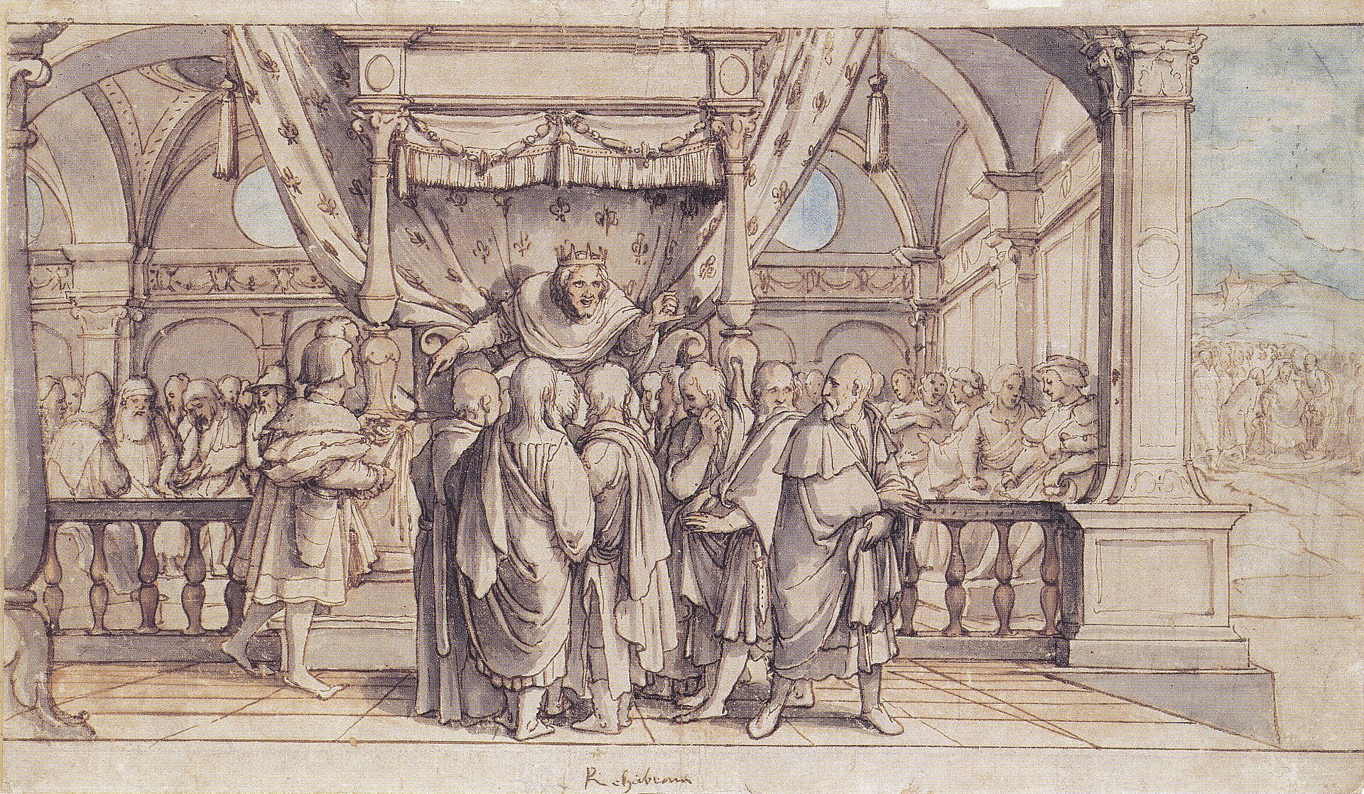 Holbein's drawing of the crowned Rehoboam rebuffing the elders' delegation at Shechem