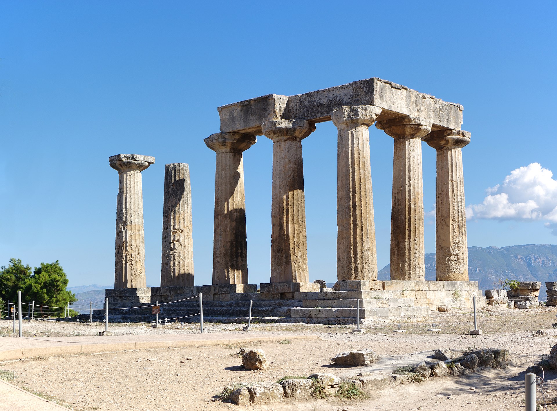 The standing Doric columns of the Temple of Apollo at ancient Corinth, where Paul stood before Gallio