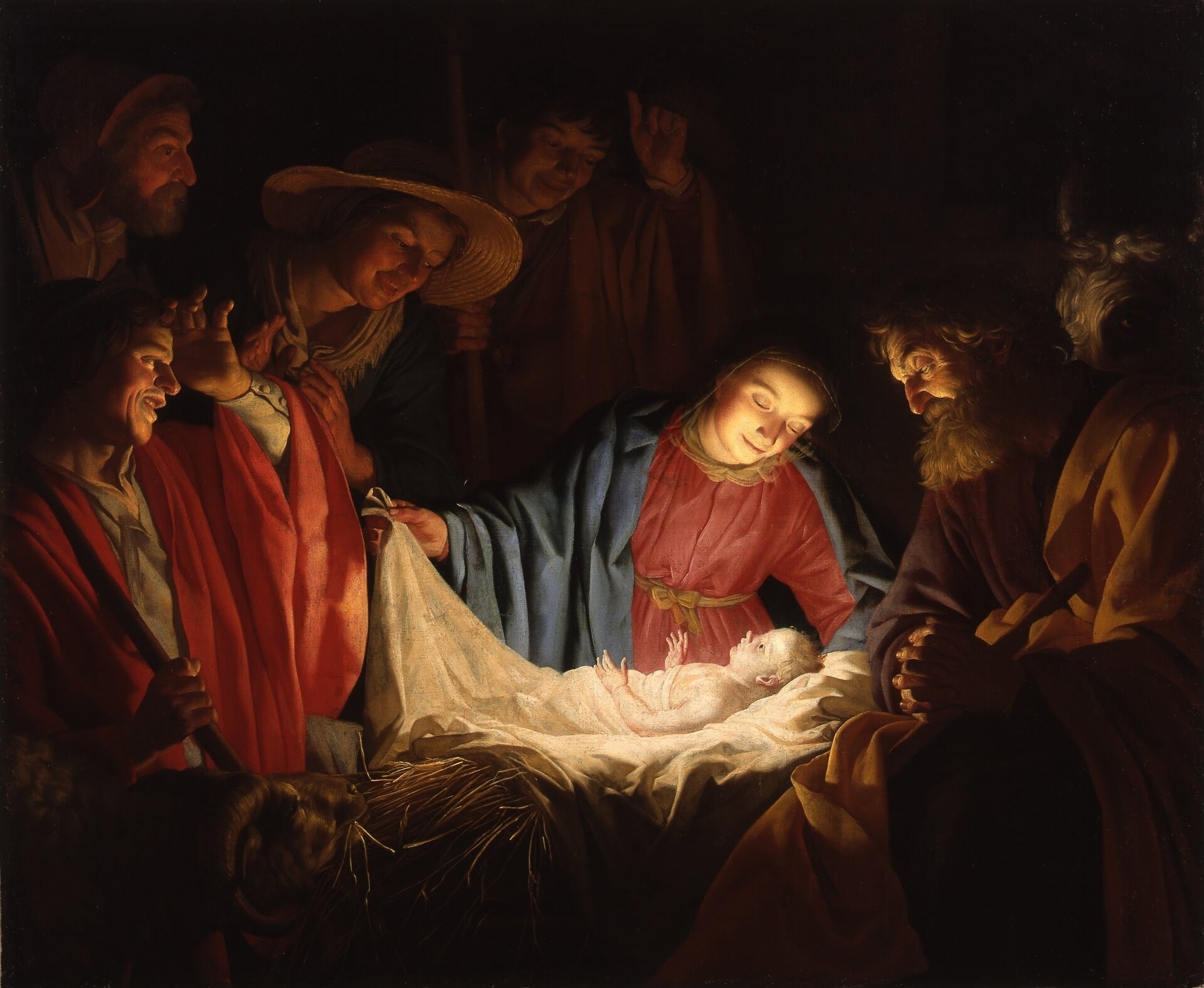 Honthorst's candor-lit nativity, the shepherds gathered around the newborn in the manger