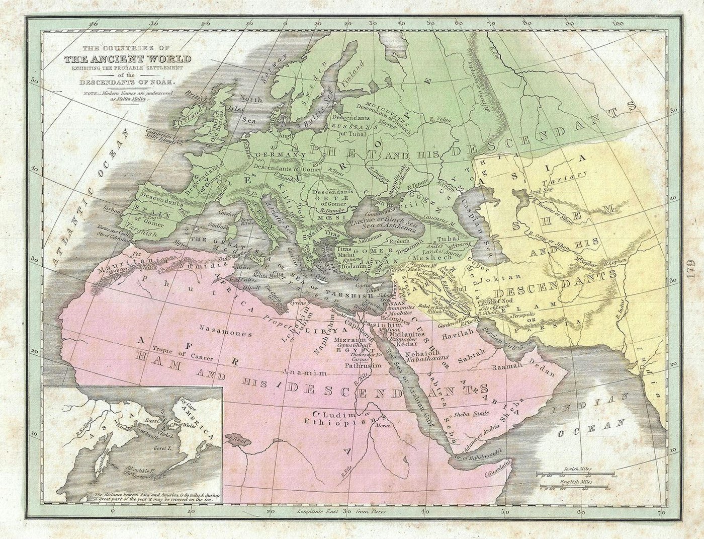 An 1835 engraved map of the ancient world, color-coded to show the probable settlements of the descendants of Noah's three sons, Japheth, Ham and Shem