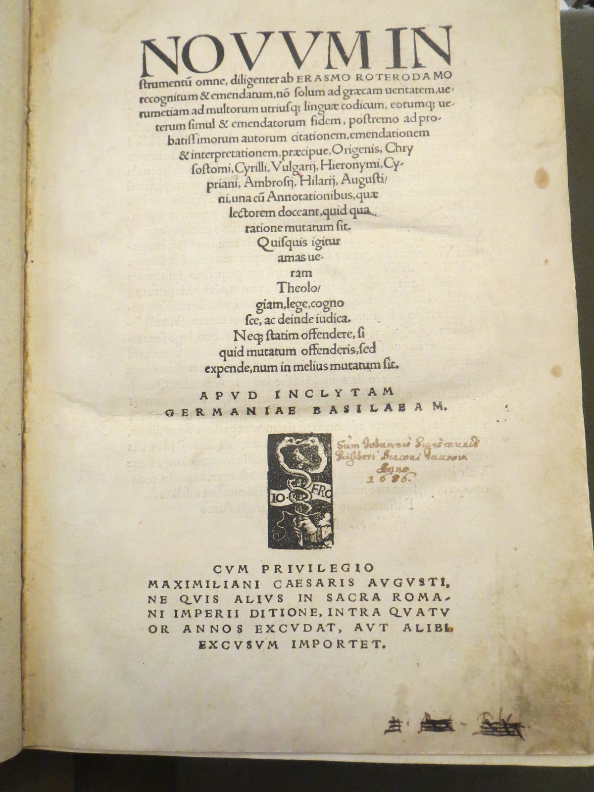 The title page of Erasmus's 1516 Greek New Testament, the Novum Instrumentum omne — the first published printed Greek New Testament.