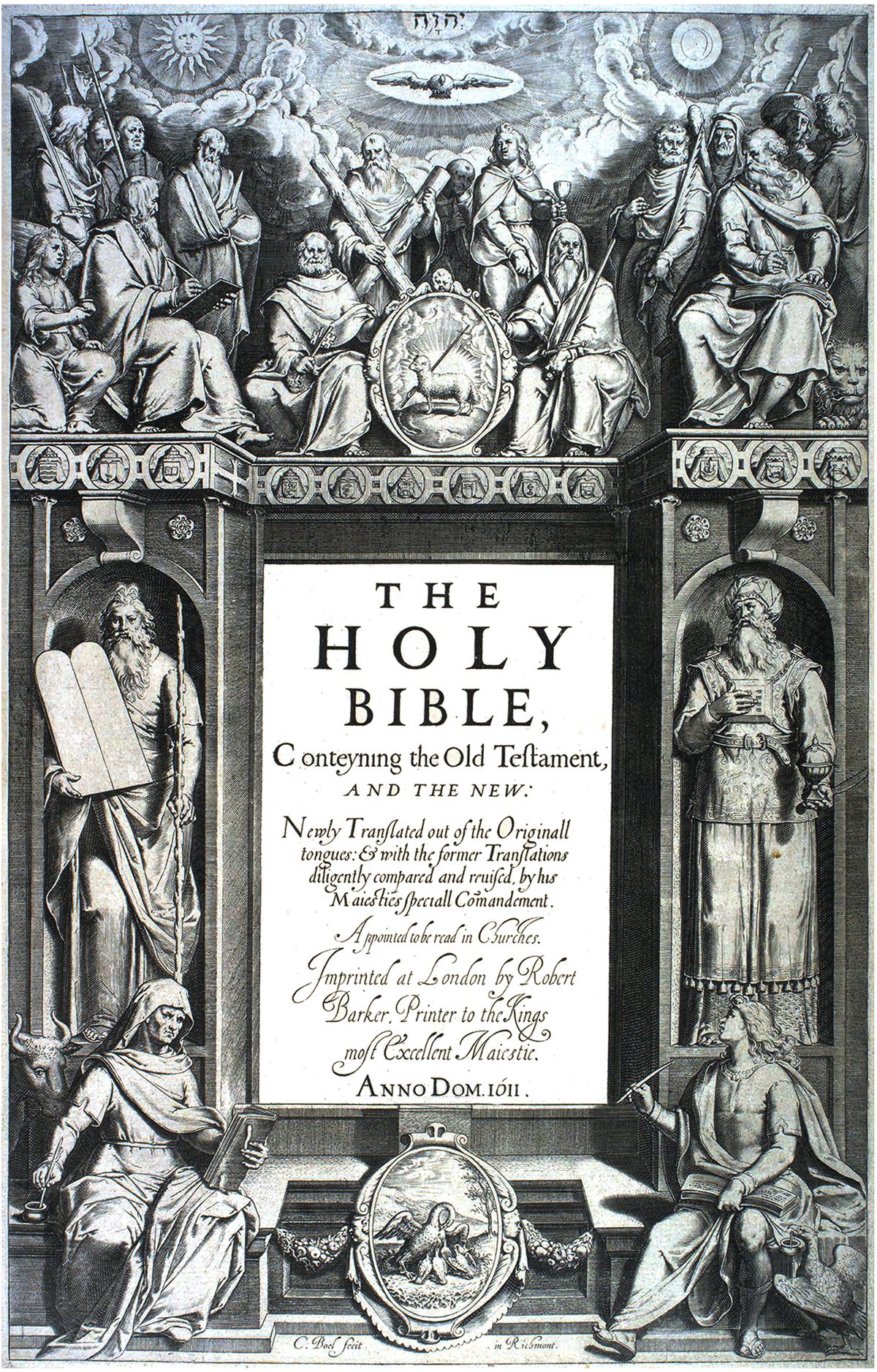 The engraved title page of the 1611 first edition of the King James Version Bible.
