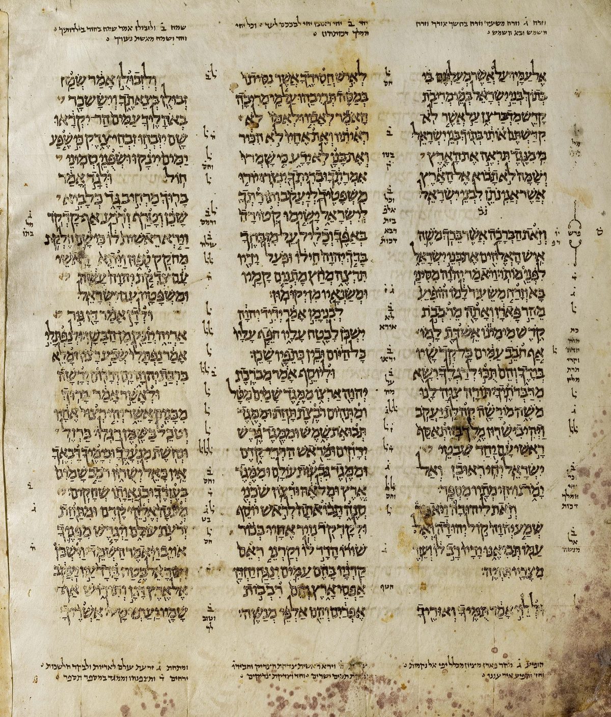 A page of Deuteronomy from the Aleppo Codex, the c. 920 CE Masoretic Hebrew Bible with vowel points and cantillation marks.