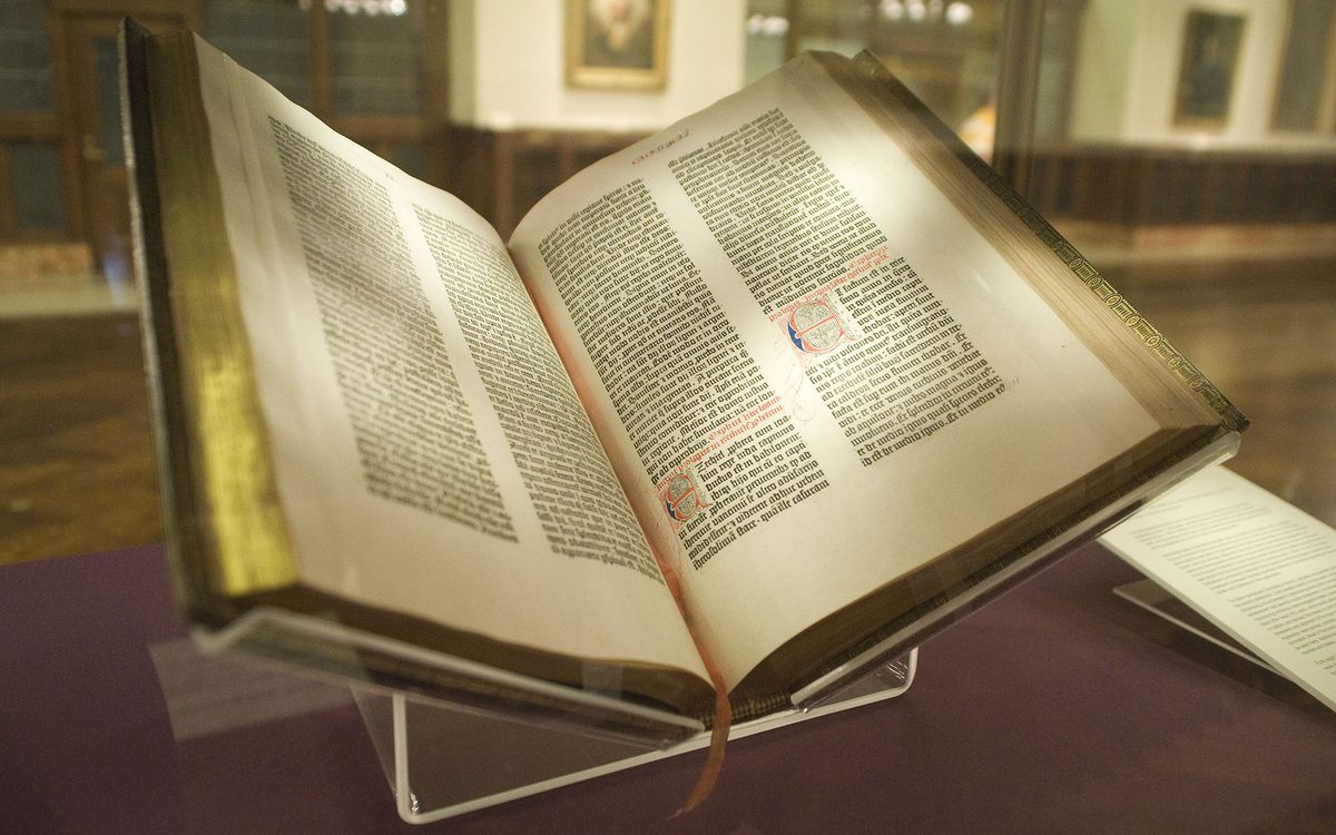 The Gutenberg Bible (Lenox copy) at the New York Public Library — a Latin Vulgate, the first substantial printed book, c. 1455.